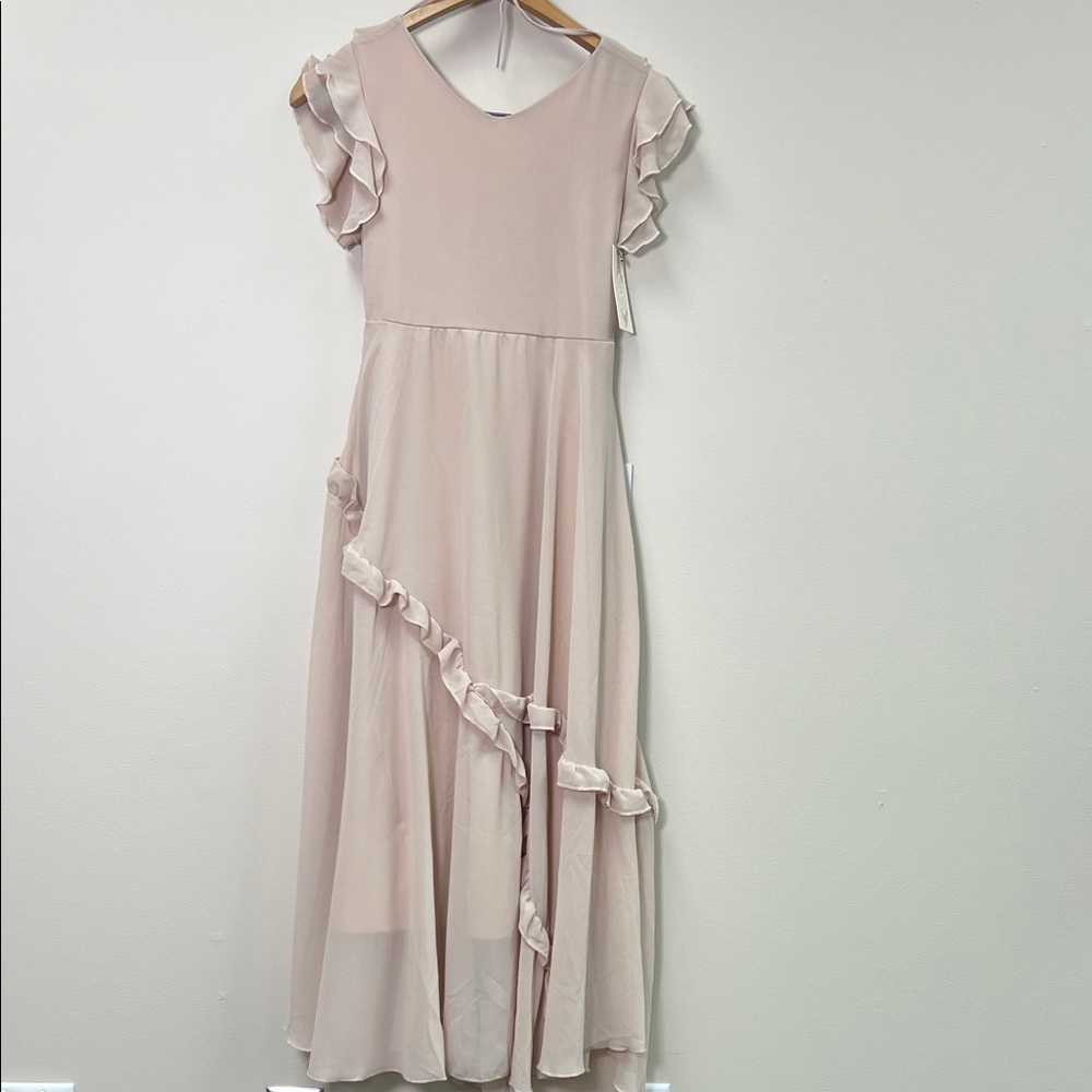 New Feminine Fairy Girl Short Sleeve Ruffle Imogen Maxi Dress Neutral Shell 12